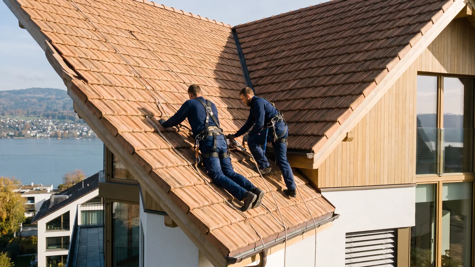 Zwei Dachdecker arbeiten auf dem Ziegeldach eines Einfamilienhauses am Zürichsee