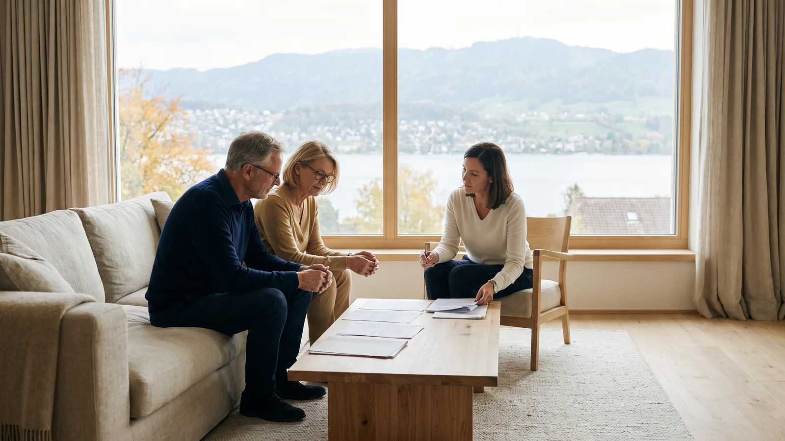 Paar bespricht im Wohnzimmer mit einer Beraterin Unterlagen