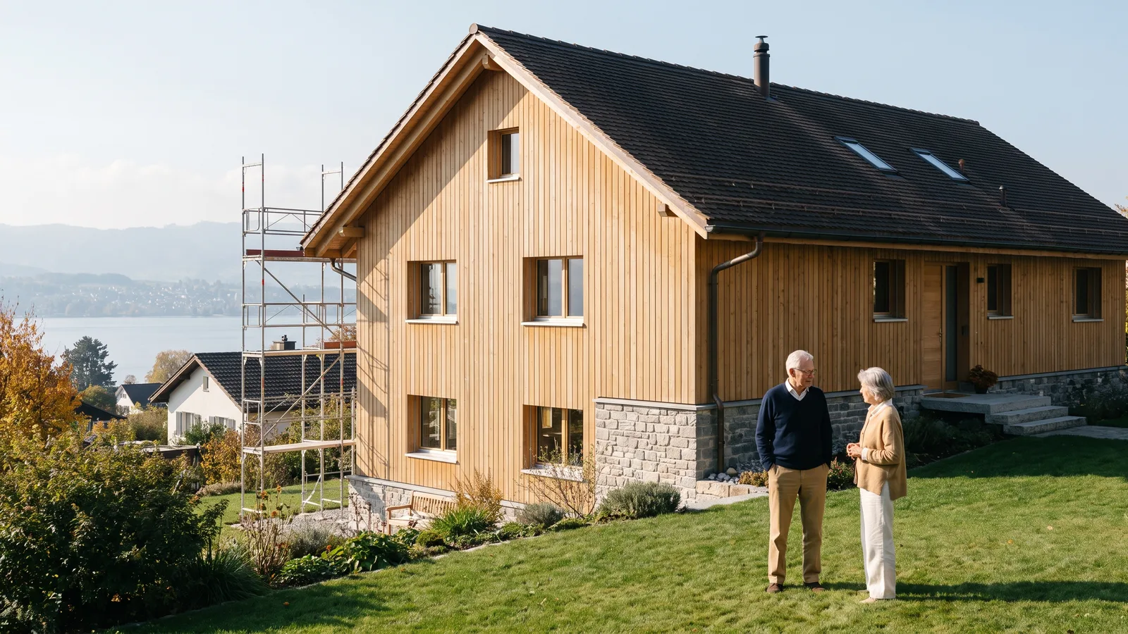 Einfamilienhaus mit Holzfassade am oberen Zürichsee im Herbstlicht, an einer Hausecke ein Gerüst, davor ein älteres Paar im Garten