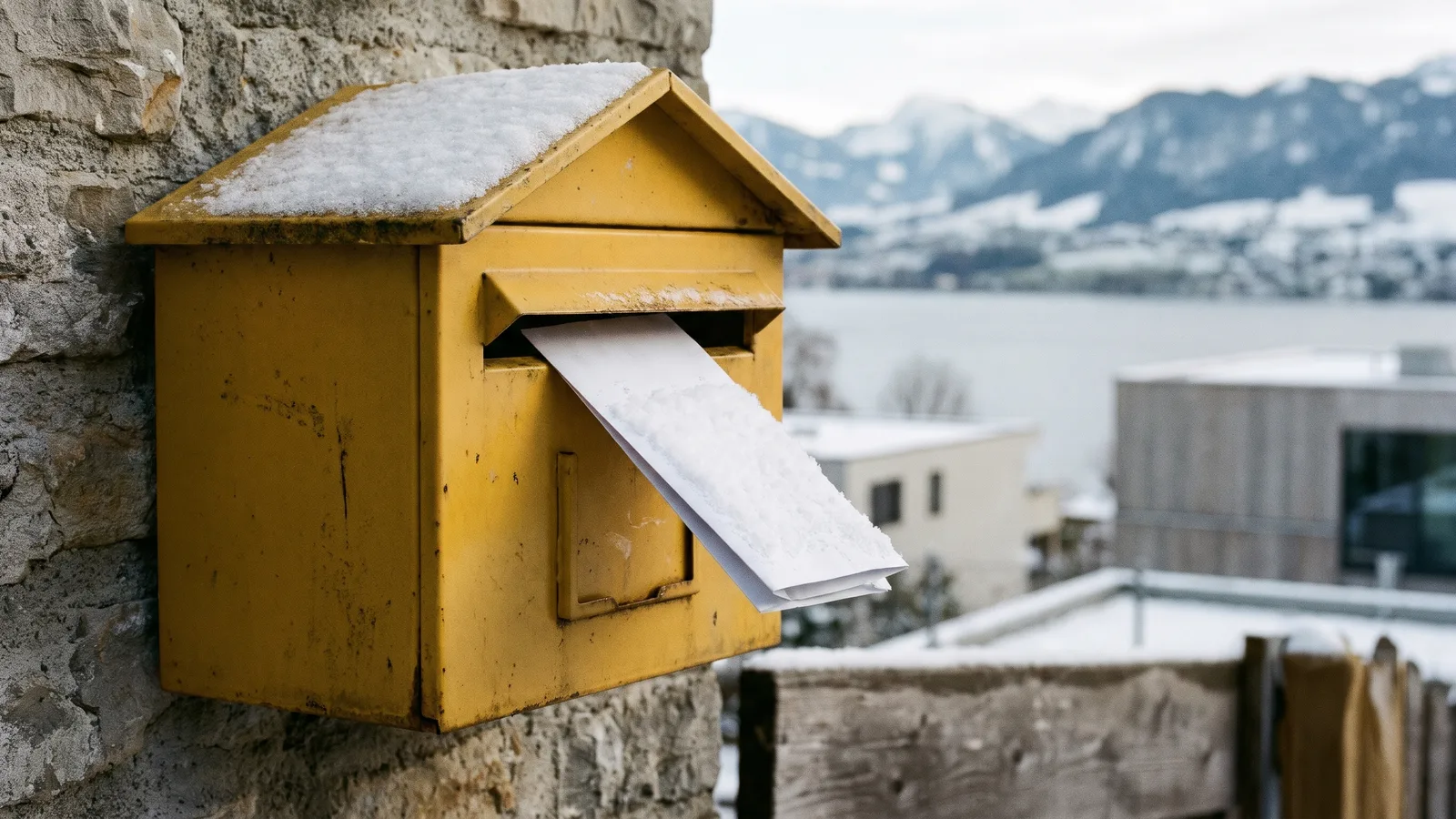 Gelber Briefkasten an einer Steinmauer im Winter, aus dem Schlitz ragt ein weisser Umschlag