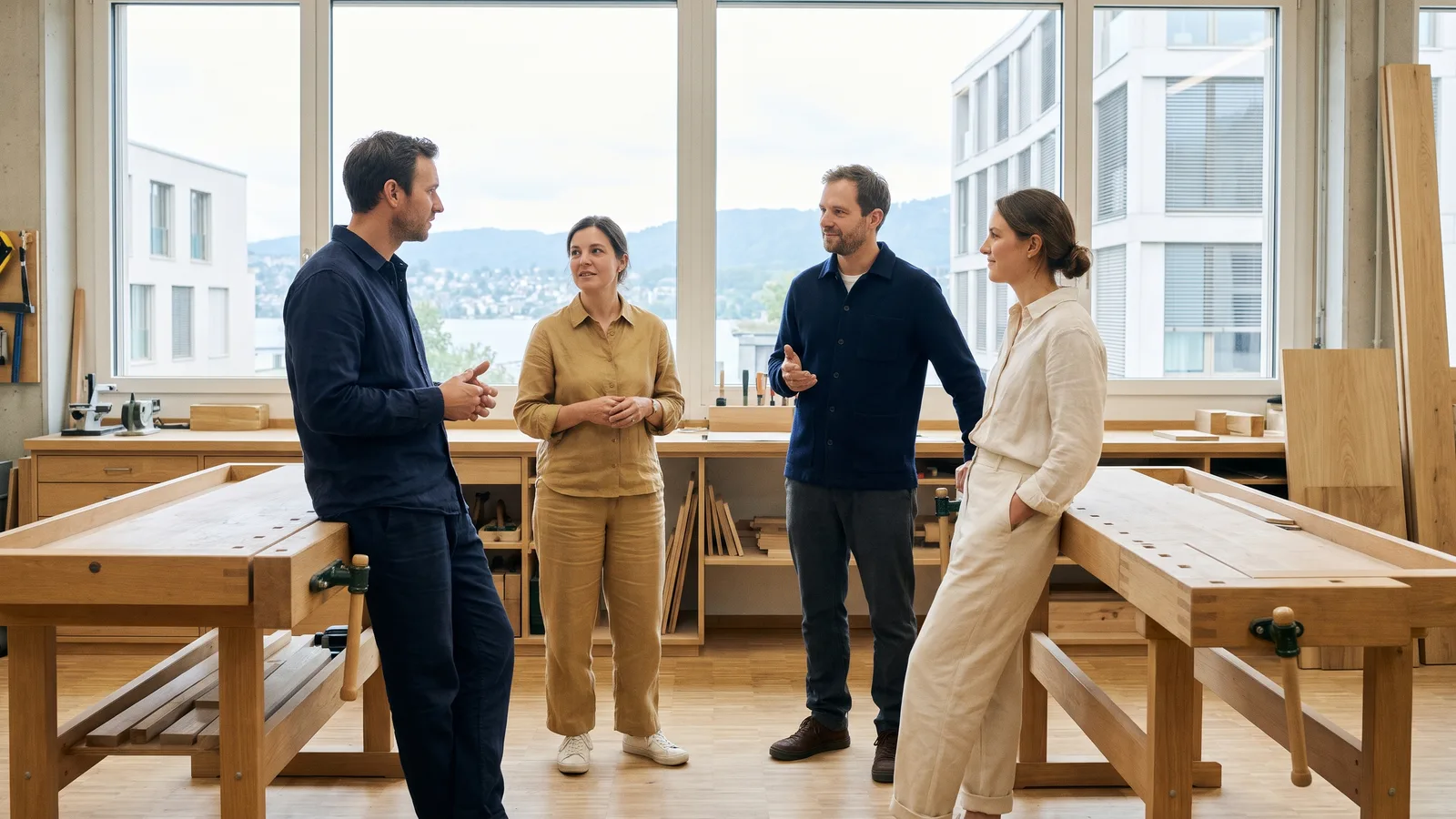 Kleines Team eines Handwerksbetriebs bespricht in einer hellen Werkstatt den Tag