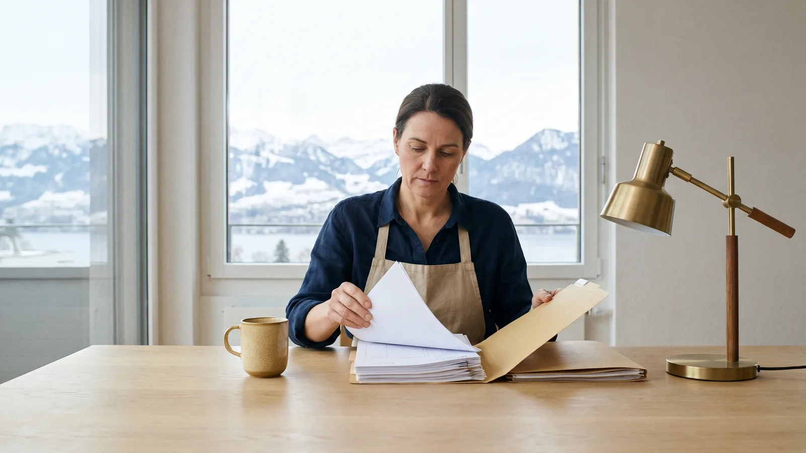 Inhaberin eines Handwerksbetriebs sortiert an einem Januarmorgen im Büro neben der Werkstatt Formulare in Mappen, draussen verschneite Voralpen
