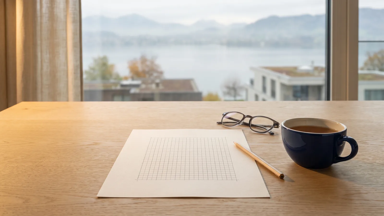 Blatt mit einer Tabelle, Bleistift, Lesebrille und Tasse auf einem Holztisch vor dem Zürichsee
