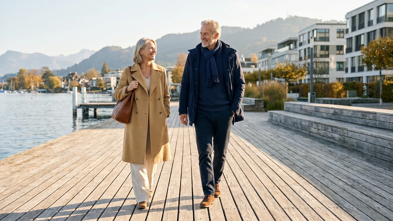 Paar um die 60 spaziert an einem Herbstnachmittag auf einem Uferweg am Zürichsee