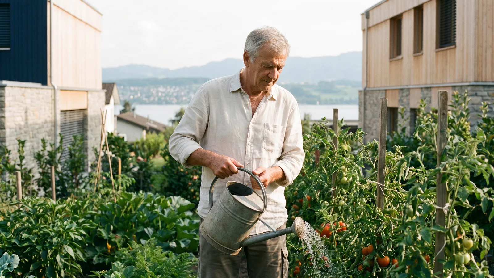 Älterer Mann giesst im Spätsommer Tomatenpflanzen im Garten hinter einem Einfamilienhaus