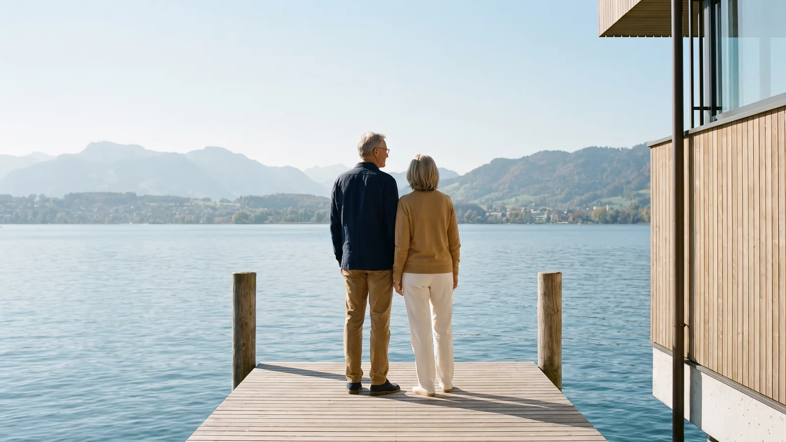 Paar um die 63 steht an einem klaren Herbstmorgen auf einem Holzsteg am Zürichsee und blickt auf Wasser und Berge