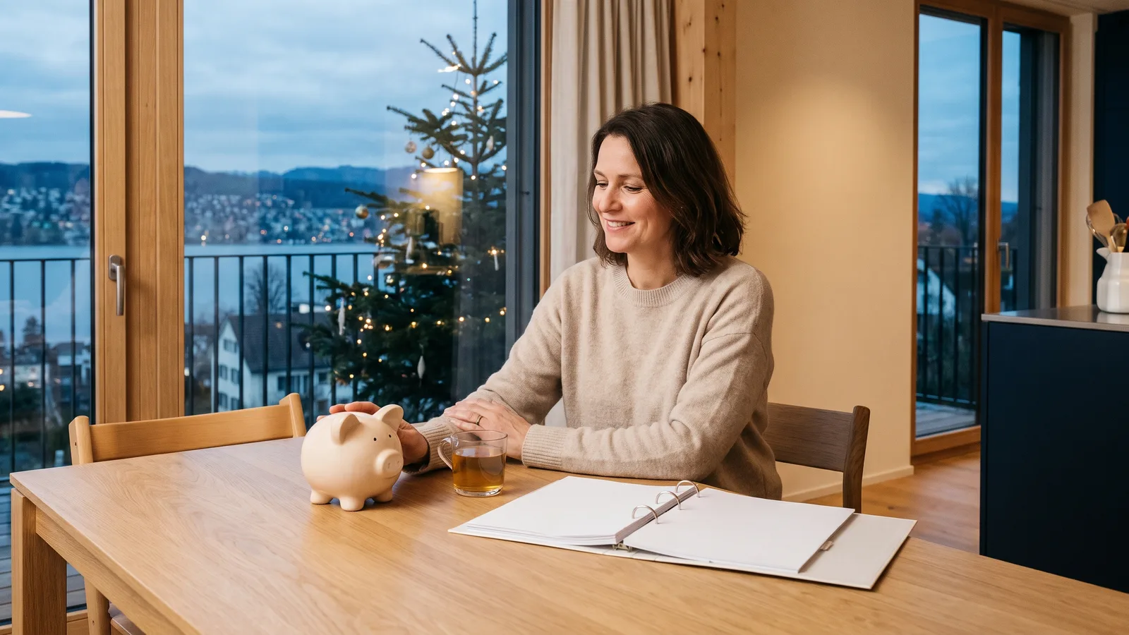 Frau sitzt an einem Dezemberabend am Esstisch mit Ordner, Tee und Sparschwein, draussen die Lichter am Zürichsee