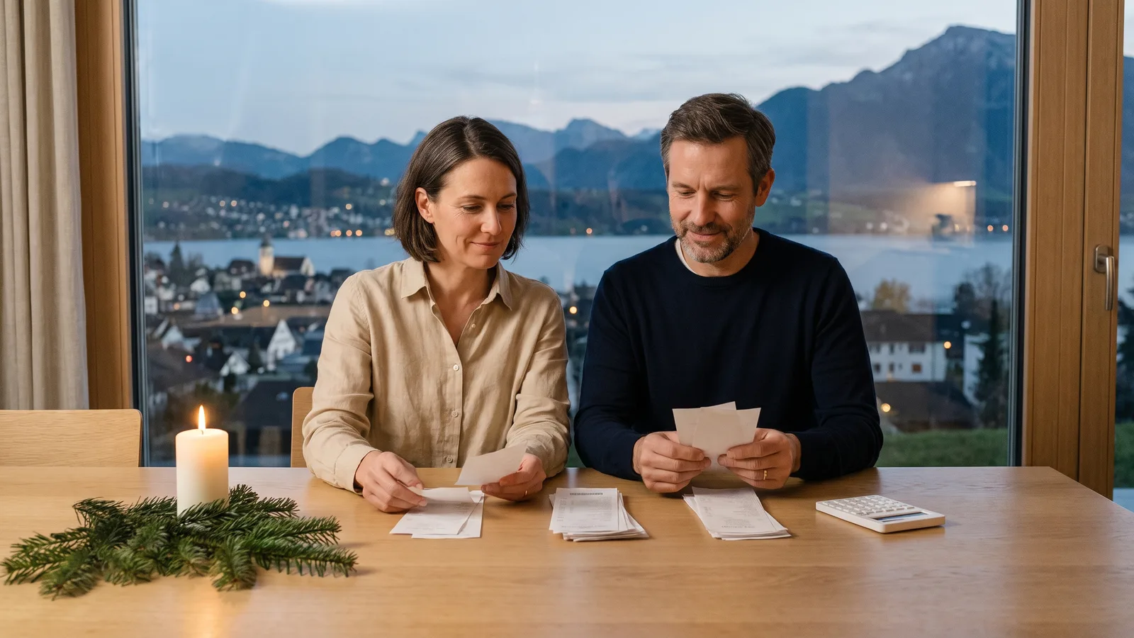 Paar sortiert an einem Dezemberabend Belege am Esstisch, daneben Kerze, Tannenzweig und Taschenrechner, draussen die Lichter eines Dorfs am Zürichsee