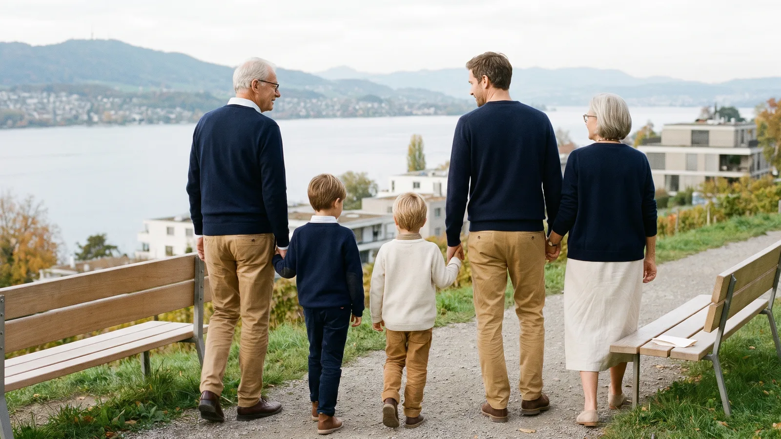 Familie aus drei Generationen beim Herbstspaziergang auf einem Weg oberhalb des Zürichsees