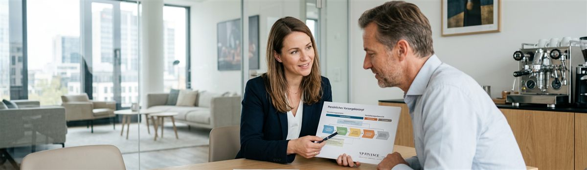Beraterin erläutert einem Kunden ein persönliches Vorsorgekonzept